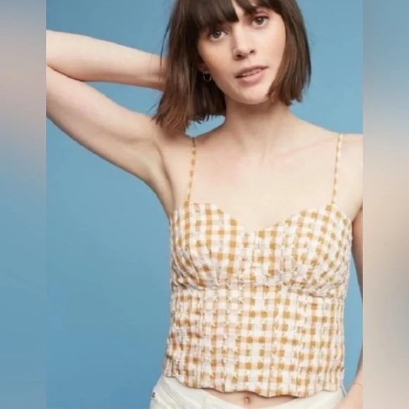 Anthropologie Maeve Gingham Crop Top EUC Embroidered Floral Smocked Tank Corset - Picture 4 of 11